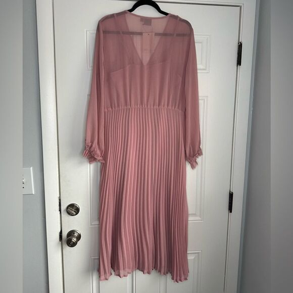 NWT ASOS DRESS SIZE 10 XL PINK MIDI WRAP V-neck long sleeve pleated - Picture 2 of 5